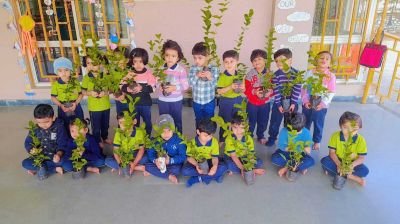 Nursery child Ahan Kalal gifted mogra plant to his class friends & ramphal(Jamaican apple)plant for school & plantation has been done by Ahan in Abhyaas campus on account of his birthday.