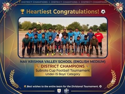 Nav Krishna Valley School (English Medium) has emerged as the District Champions in the Subroto Cup Football Tournament (Under-15 Boys' Category) by defeating Zeal International School in a thrilling final match.

With this remarkable victory, the team has proudly secured first place and earned qualification for the Divisional Level Tournament.

Heartfelt congratulations to all the players for their outstanding performance, Coach Mr. Ranveer Rajput, and Physical Education Teacher Mr. Sushant Suryawanshi for their dedicated guidance and relentless efforts.
