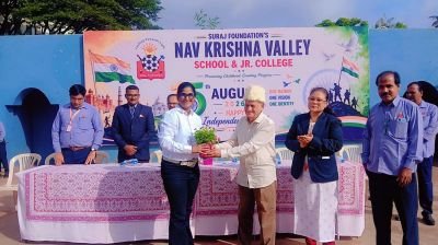 Report on 80th Independence Day Celebration

Suraj Foundation’s Nav Krishna Valley School & Junior College, MIDC, Kupwad

Suraj Foundation’s Nav Krishna Valley School & Junior College, MIDC, Kupwad, celebrated the 80th Independence Day with great enthusiasm and patriotic spirit on 15th August 2026 at the school ground.

The programme commenced with Vande Mataram, followed by flag hoisting, the National Anthem (Rashtrageet) and patriotic songs. The entire campus resonated with patriotic fervour as students and staff participated enthusiastically in the celebration.

Dr. S. V. Ranade, Chairman, Dnyandeep Infotech Pvt. Ltd., Sangli, graced the occasion as the Chief Guest. In his inspiring address, Dr. Ranade highlighted the importance of learning and adapting to the latest technologies such as Artificial Intelligence (AI), Robotics, Multi-Skill Development and Information Technology. He explained how technological knowledge will play an important role in students’ future education, careers and services.

Dr. Ranade also spoke about the importance of becoming self-reliant and supporting Indian businesses. He gave the example of how raw materials such as cotton are procured from India, processed abroad and then sold back in India at higher prices. He encouraged students to think innovatively, develop skills, and contribute to the country by producing, marketing and selling quality products within India.

He further emphasized the importance of English education for students’ future opportunities, professional growth and global expansion. At the same time, he advised students to remain connected with their Matru Bhasha – Marathi, reminding them that learning English should never mean forgetting their mother tongue and cultural roots.

The celebration was attended by students from Nav Krishna Valley School Marathi and English Medium, Std. I to X, along with teachers, institutional staff, parents, MIDC industrialists and Heads of Departments. Their presence added to the grandeur and success of the programme.

The programme included felicitation of the Chief Guest and his formal introduction by Mr. Prashant Chavan, Vice Principal, NKVS English Medium. The Presidential Address was delivered by Mrs. Sangeeta Pagnis, Director. The programme concluded with an Expression of Gratitude by Mr. Adhikrao Pawar, Principal, NKVS Marathi Medium.

The programme was effectively conducted by Mr. Vinayak Joshi Sir and Mr. Sushant Suryavanshi Sir.

Dignitaries and HODs Present

The following dignitaries and Heads of Departments were present on the occasion:

- Mr. Shrishail Motagi – Secretary
- Mrs. Sangeeta Pagnis – Director
- Mr. Adhikrao Pawar – Principal, NKVS Marathi Medium
- Mr. Prashant Chavan – Vice Principal, NKVS English Medium
- Mr. Anand Kamath – KVAAF In-charge
- Mr. Raghunath Satpute – Administrative Officer
- Mr. Rajendra Pachore – IT Head
- Mr. Vinayak Joshi – SSA Secretary
- Mr. Asif Makandar – Hostel In-charge
- Institutional staff members

Trustee Chairman Mr. Pravin Surajmal Lunkad and NKVS Governing Council Chairman Dr. Yashwant Toro could not attend the programme as they were out of station to attend Independence Day celebrations at NKVS Pargaon, Khandala, Shirwal and Bhor. They conveyed their warm wishes for Independence Day to all the students, staff and members of the institutions.

The celebration concluded successfully in an atmosphere of patriotism, pride and commitment towards nation-building. The inspiring message of the Chief Guest encouraged students to acquire modern skills, promote innovation and entrepreneurship, respect their mother tongue and contribute meaningfully towards the progress and development of India.

“Let us learn, innovate, create and contribute towards a stronger and self-reliant India.