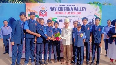 Report on 80th Independence Day Celebration

Suraj Foundation’s Nav Krishna Valley School & Junior College, MIDC, Kupwad

Suraj Foundation’s Nav Krishna Valley School & Junior College, MIDC, Kupwad, celebrated the 80th Independence Day with great enthusiasm and patriotic spirit on 15th August 2026 at the school ground.

The programme commenced with Vande Mataram, followed by flag hoisting, the National Anthem (Rashtrageet) and patriotic songs. The entire campus resonated with patriotic fervour as students and staff participated enthusiastically in the celebration.

Dr. S. V. Ranade, Chairman, Dnyandeep Infotech Pvt. Ltd., Sangli, graced the occasion as the Chief Guest. In his inspiring address, Dr. Ranade highlighted the importance of learning and adapting to the latest technologies such as Artificial Intelligence (AI), Robotics, Multi-Skill Development and Information Technology. He explained how technological knowledge will play an important role in students’ future education, careers and services.

Dr. Ranade also spoke about the importance of becoming self-reliant and supporting Indian businesses. He gave the example of how raw materials such as cotton are procured from India, processed abroad and then sold back in India at higher prices. He encouraged students to think innovatively, develop skills, and contribute to the country by producing, marketing and selling quality products within India.

He further emphasized the importance of English education for students’ future opportunities, professional growth and global expansion. At the same time, he advised students to remain connected with their Matru Bhasha – Marathi, reminding them that learning English should never mean forgetting their mother tongue and cultural roots.

The celebration was attended by students from Nav Krishna Valley School Marathi and English Medium, Std. I to X, along with teachers, institutional staff, parents, MIDC industrialists and Heads of Departments. Their presence added to the grandeur and success of the programme.

The programme included felicitation of the Chief Guest and his formal introduction by Mr. Prashant Chavan, Vice Principal, NKVS English Medium. The Presidential Address was delivered by Mrs. Sangeeta Pagnis, Director. The programme concluded with an Expression of Gratitude by Mr. Adhikrao Pawar, Principal, NKVS Marathi Medium.

The programme was effectively conducted by Mr. Vinayak Joshi Sir and Mr. Sushant Suryavanshi Sir.

Dignitaries and HODs Present

The following dignitaries and Heads of Departments were present on the occasion:

- Mr. Shrishail Motagi – Secretary
- Mrs. Sangeeta Pagnis – Director
- Mr. Adhikrao Pawar – Principal, NKVS Marathi Medium
- Mr. Prashant Chavan – Vice Principal, NKVS English Medium
- Mr. Anand Kamath – KVAAF In-charge
- Mr. Raghunath Satpute – Administrative Officer
- Mr. Rajendra Pachore – IT Head
- Mr. Vinayak Joshi – SSA Secretary
- Mr. Asif Makandar – Hostel In-charge
- Institutional staff members

Trustee Chairman Mr. Pravin Surajmal Lunkad and NKVS Governing Council Chairman Dr. Yashwant Toro could not attend the programme as they were out of station to attend Independence Day celebrations at NKVS Pargaon, Khandala, Shirwal and Bhor. They conveyed their warm wishes for Independence Day to all the students, staff and members of the institutions.

The celebration concluded successfully in an atmosphere of patriotism, pride and commitment towards nation-building. The inspiring message of the Chief Guest encouraged students to acquire modern skills, promote innovation and entrepreneurship, respect their mother tongue and contribute meaningfully towards the progress and development of India.

“Let us learn, innovate, create and contribute towards a stronger and self-reliant India.